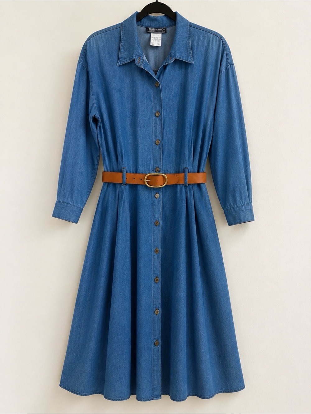 Vintage Chambray Button-Front Shirt Dress with Belt - Blue size 12